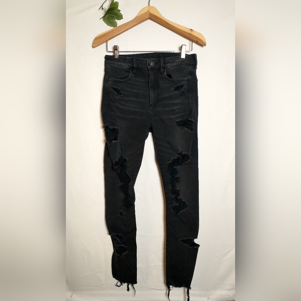 American Eagle Super High Rise Jegging Distressed Black Women Jeans 6